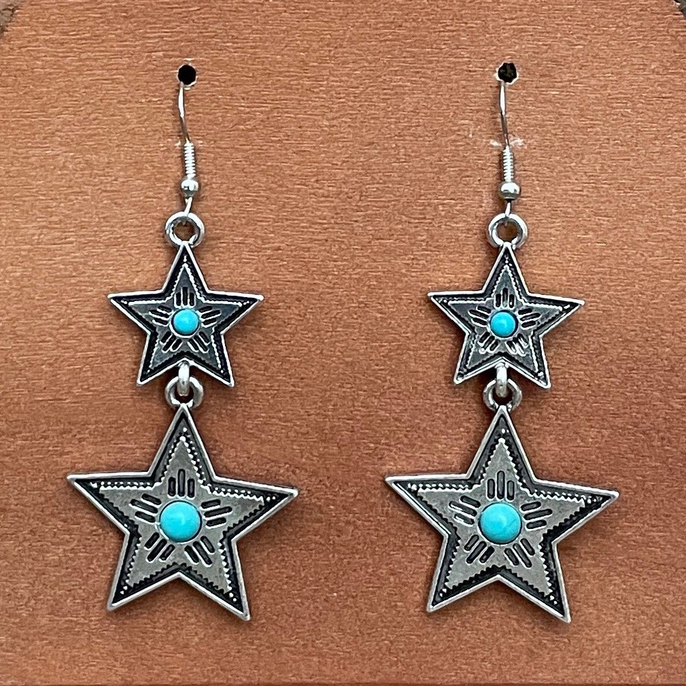 Vintage Turquoise Star Dangle Earrings - Silver Tone